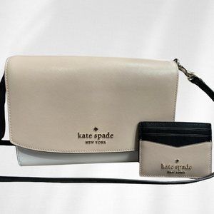 Kate Spade Tan, White and Black Cross Body Purse, with gold accents